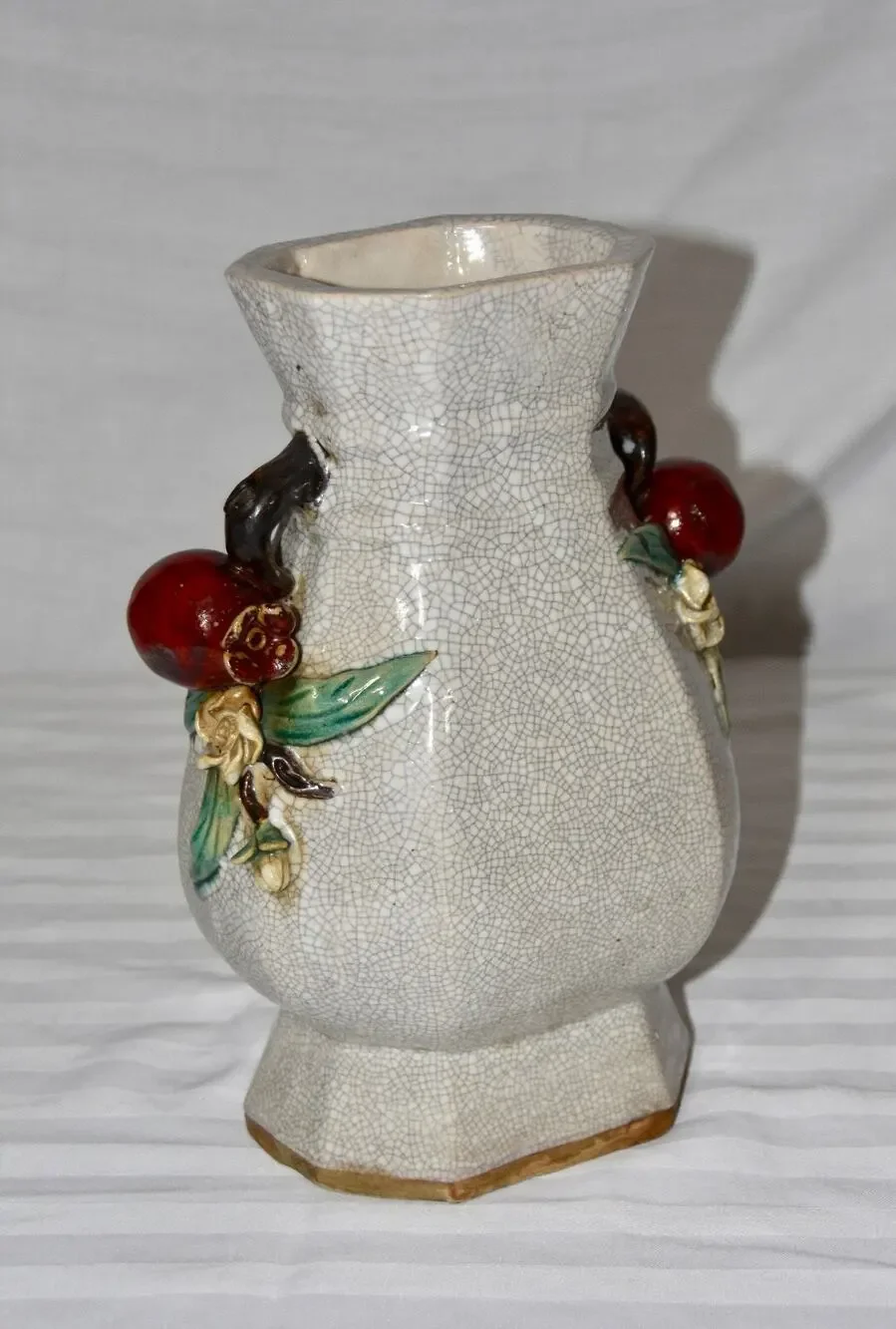 Majolica Chinese Crackle Ceramic Stoneware Vase With Pomegranates Handles